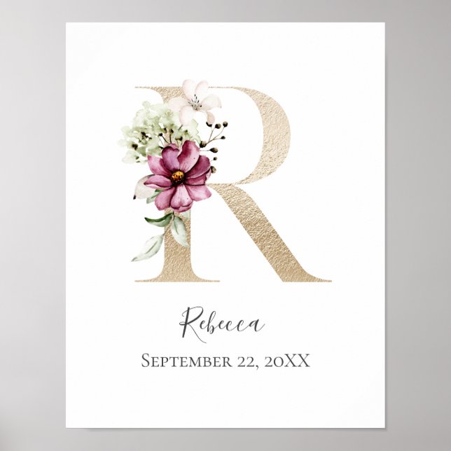 Monogram R Rosa White Blommigt Guld Brev Nursery Poster (Framsidan)