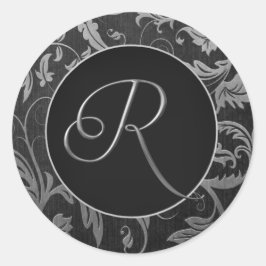 Monogram R Silver och Black Damask Wedding Seal Runt Klistermärke