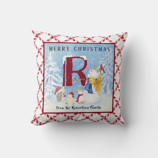 Monogram R Snowy Snögubbe Angel Hedgehog Rabbits Kudde (Framsida)