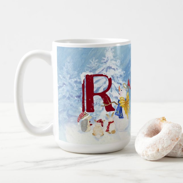 Monogram R Snowy Woodland Animals Snögubbe Träd Kaffemugg (Med munk)