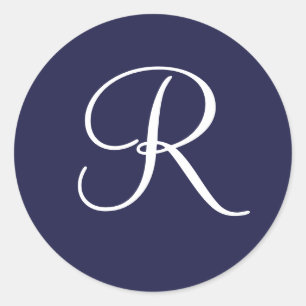 Monogram R, vit på marinblå, Runt Klistermärke