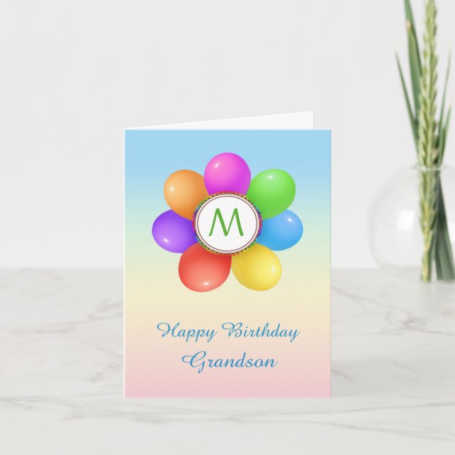 Monogram Rainbow balloons blommor Grandson Birthda Kort (Framsida)