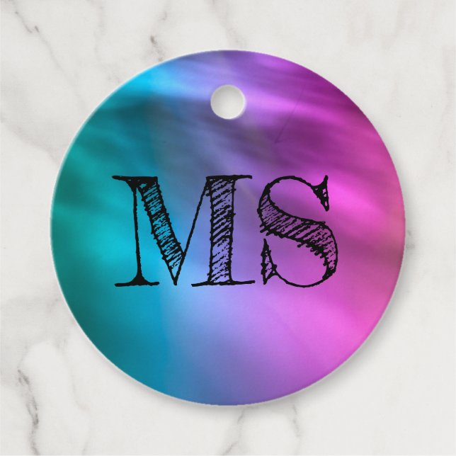 Monogram Rainbow Kids Party Märkre - Teal & Lila Gåvor Etiketter (Framsida)