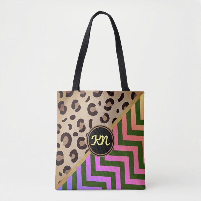 Monogram Rainbow Leopard Skriv ut Chevron Two-Tone Tygkasse (Framsida)