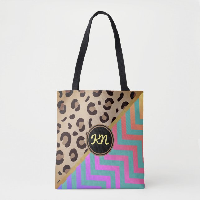 Monogram Rainbow Leopard Skriv ut Chevron Two-Tone Tygkasse (Framsida)