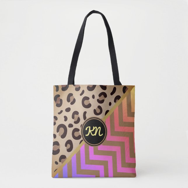 Monogram Rainbow Leopard Skriv ut Chevron Two-Tone Tygkasse (Framsida)