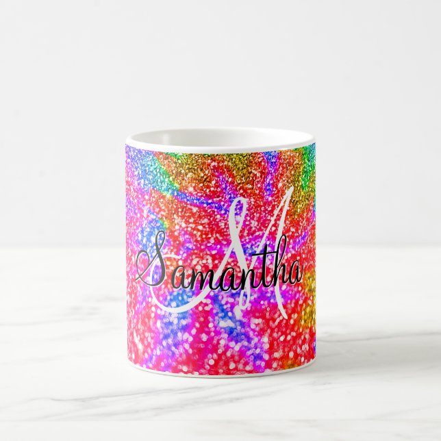 Monogram Rainbow Tie Dye Faux Glitter Kaffemugg (Center)