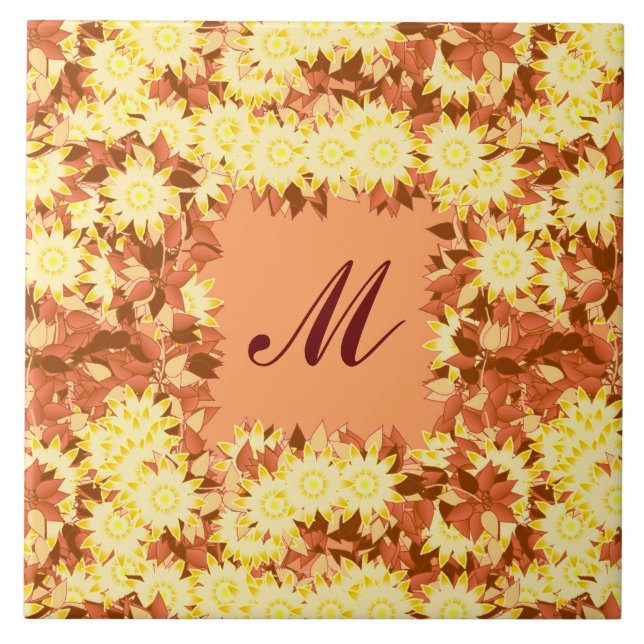 Monogram ramad med blommor - kakao & gul kakelplatta (Framsidan)