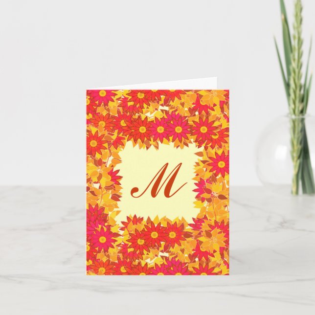 Monogram ramad med blommor - röd och guld anteckningskort (Framsida)