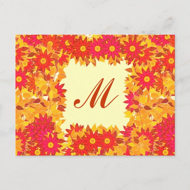 Monogram ramad med blommor - röd och guld vykort (Framsida)