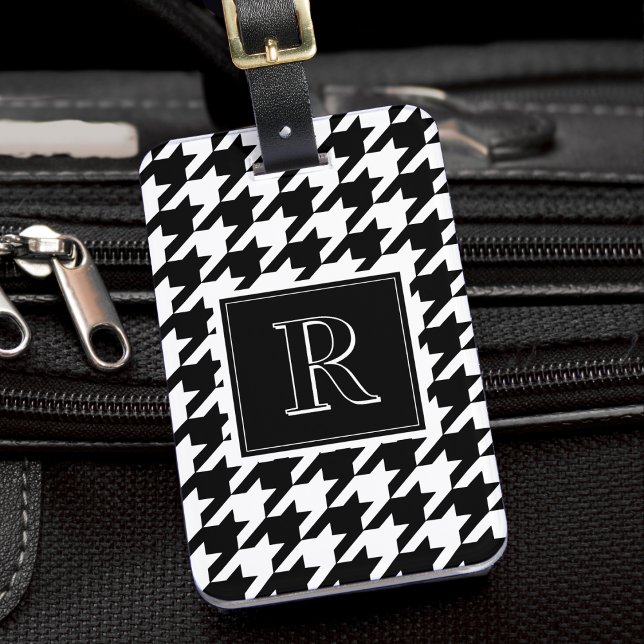 Monogram Randigt Mönster Svart & Vitt Bagagebricka (Monogram Houndstooth Pattern Black & White Luggage Tag
)