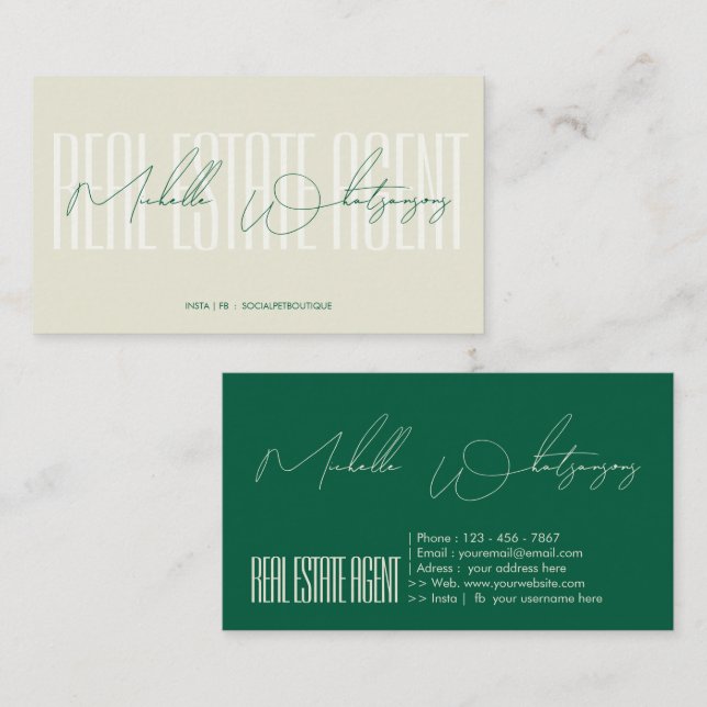 Monogram REAL ESTATE AGENT modern script Visitkort (Fram/baksida)