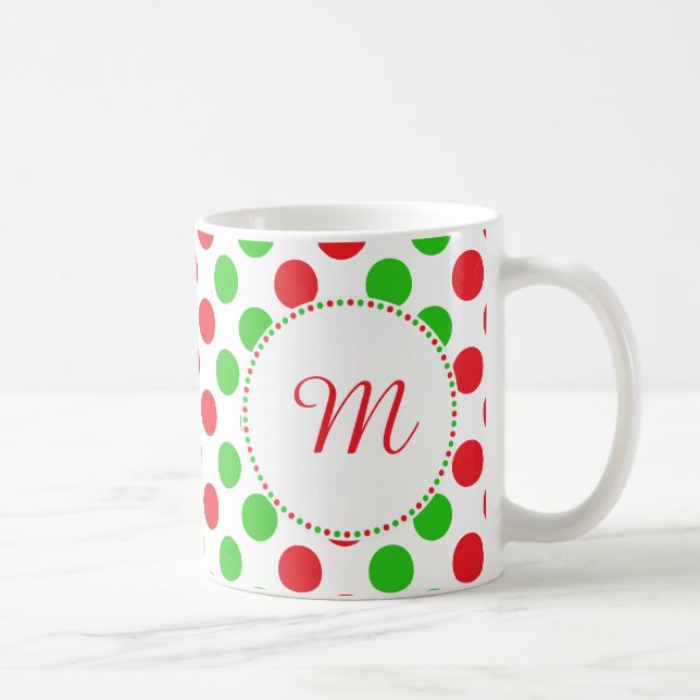 Monogram Red and Grönt Polka Dot Mönster jul Kaffemugg (Höger)