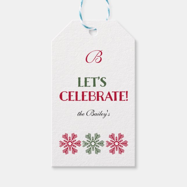 Monogram Red and Grönt Snöflingor Presentetikett (Framsidan)