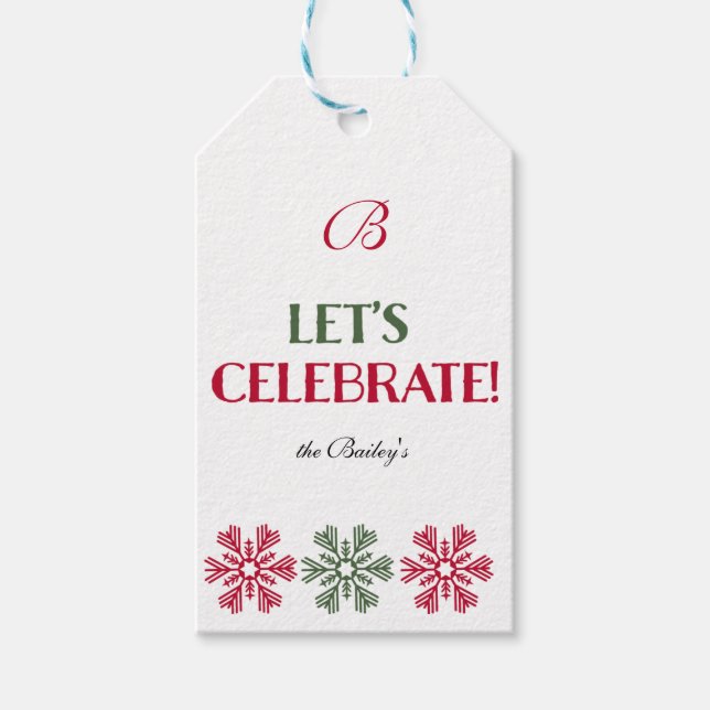 Monogram Red and Grönt Snöflingor Presentetikett (Framsidan)