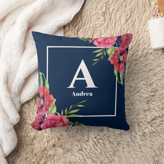 Monogram Red and Rosa Flowers Mörk Navy Blue Kudde (Filt)