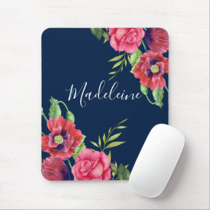 Monogram Red and Rosa Flowers Mörk Navy Blue Musmatta