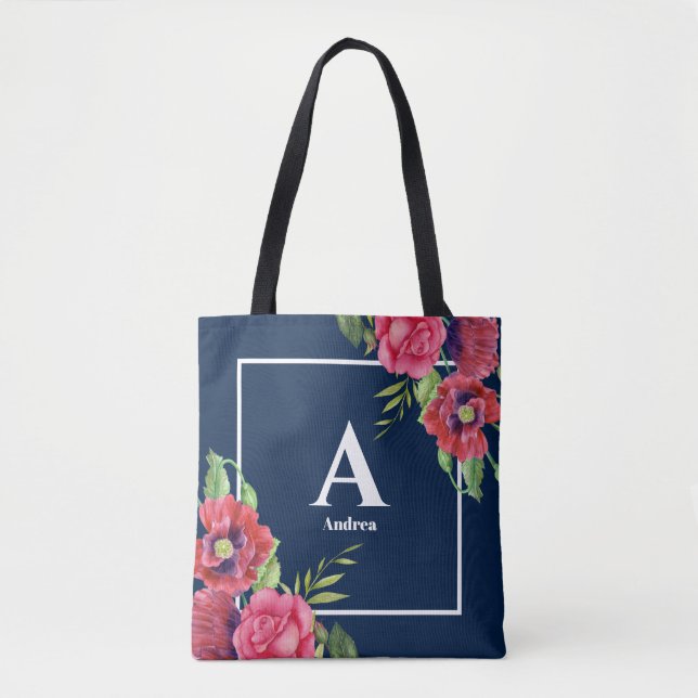Monogram Red and Rosa Flowers Mörk Navy Blue Tygkasse (Framsida)