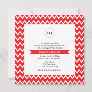 Monogram Red and White Chevron Mönster Bröllop Inbjudningar
