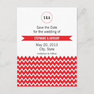 Monogram Red and White Chevron Mönster Bröllop Meddelande Vykort