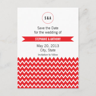 Monogram Red and White Chevron Mönster Bröllop Meddelande Vykort