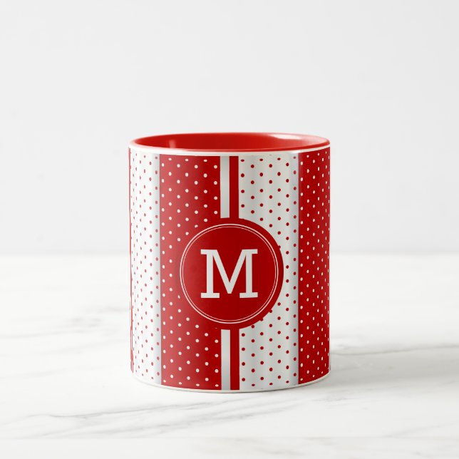 Monogram Red and White Polka dots Två-Tonad Mugg (Center)