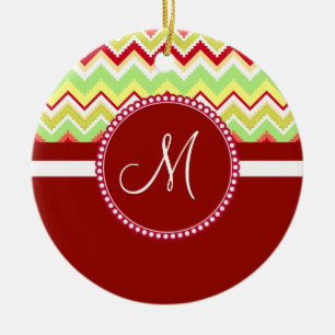 Monogram Red Aztec Andes Tribal Chevron Zig Zags Julgransprydnad Keramik