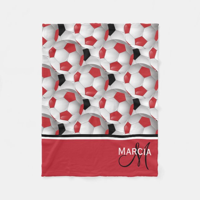 Monogram Red Black and White Soccer Ball Mönster Fleecefilt (Framsidan)