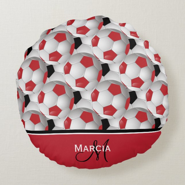 Monogram Red Black and White Soccer Ball Mönster Rund Kudde (Baksidan)