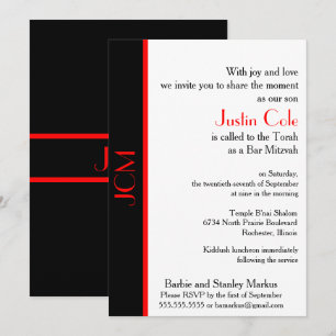 Monogram Red Black Pub Mitzvah på White Inbjudningar