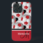 Monogram Red Black Soccer Ball Mönster<br><div class="desc">Om du vill ha den här designen i olika kombinationer av färg,  kontakta oss genom vår GiftsBonanza-butik. En fotbollskula för öga-fångst och snyggt med en mönster av svartvita och vita fotbollar med accenter som samordnar rött,  svart och vitt med ditt monogram initialer och namn.</div>