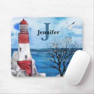Monogram Red & Blue Lighthouse Watercolor Art Musmatta