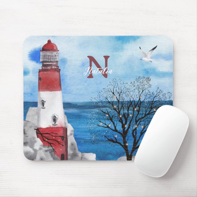 Monogram Red & Blue Lighthouse Watercolor Art Musmatta (Med mus)