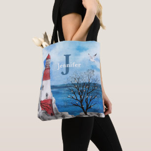 Monogram Red & Blue Lighthouse Watercolor Art Tygkasse