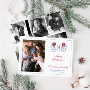 Monogram Red Blue Photo Collage God jul Julkort