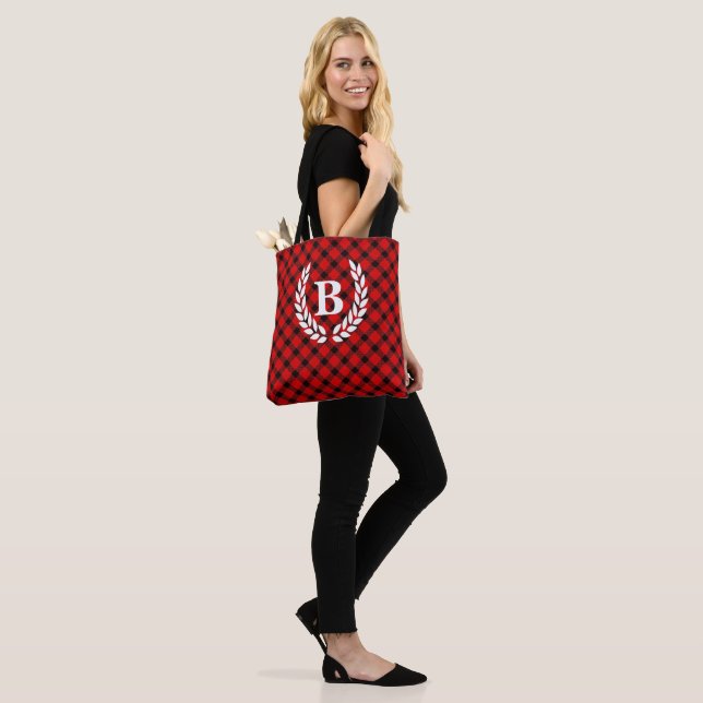 Monogram Red Buffalo Check Tote Tygkasse (På modell)