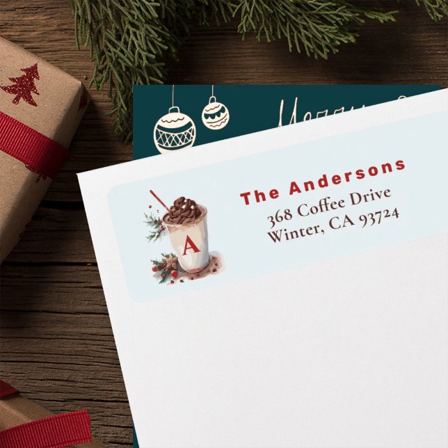 Monogram Red Christmas Holiday Coffee Address Returadress Etikett (Skapare uppladdad)