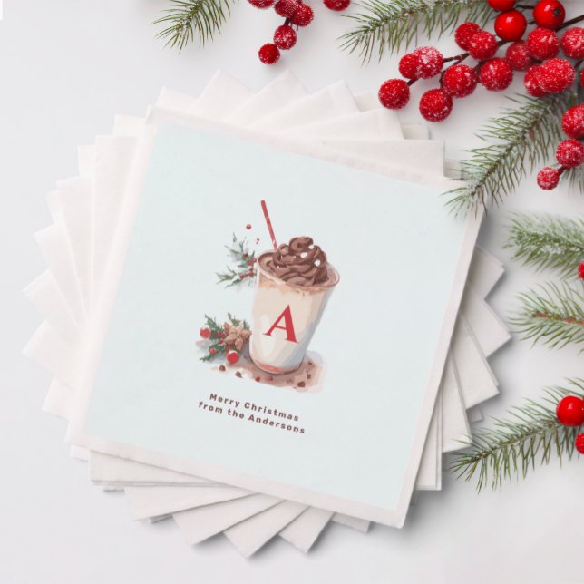 Monogram Red Christmas Party Hot Cocoa Coffee  Pappersservett (Skapare uppladdad)