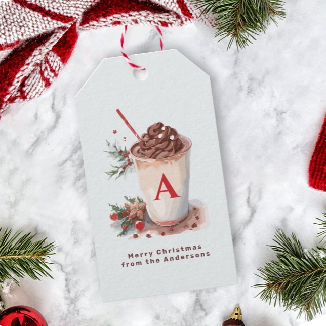 Monogram Red Christmas Winter Hot Cocoa Beverage Presentetikett (Skapare uppladdad)