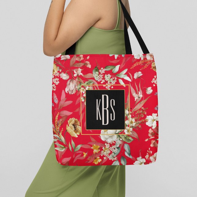 Monogram, Red Fine Art Blommigts Shoulder Tote Tygkasse (Skapare uppladdad)