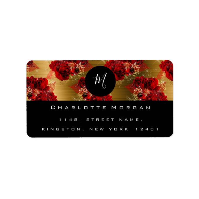 Monogram Red Flower Ro Sparkly Guld OSA Adressetikett (Framsidan)