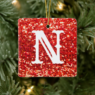 Monogram Red Glitter Metallic Jul Helgdag  Julgransprydnad Keramik