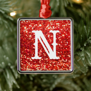 Monogram Red Glitter Metallic Jul Helgdag Julgransprydnad Metall