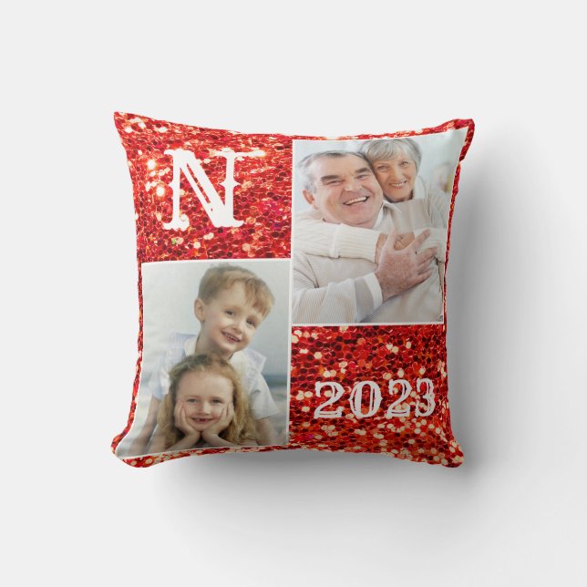Monogram Red Glitter Photo jul Helgdag Kudde (Framsida)