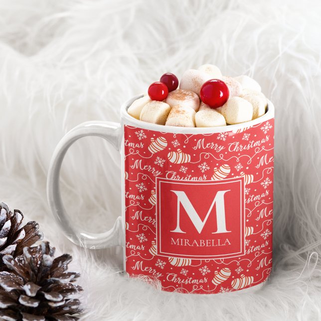 Monogram Red God jul Winter Mittens Kaffemugg (Personalized Red Monogram Merry Christmas Mittens Coffee Mug)
