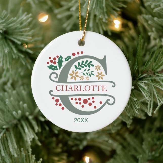 Monogram Red, Grönt och Guld Brev C med Namn Julgransprydnad Keramik (Träd)