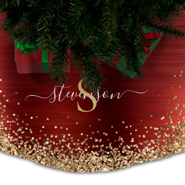 Monogram Red Guld Glitter Girly Glam Julgransmatta Borstad Polyester (Monogram Red Gold Glitter Girly Glam Brushed Polyester Tree Skirt)