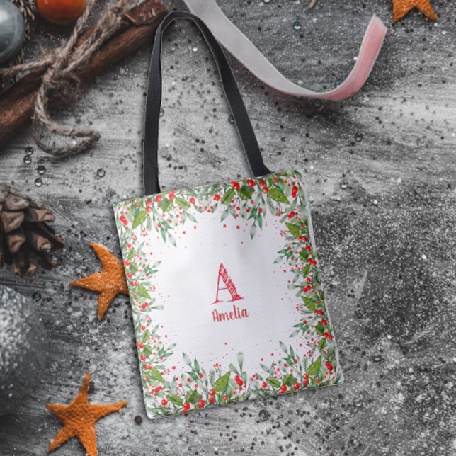 Monogram Red jul elegant brev Tote Bag Tygkasse (Skapare uppladdad)