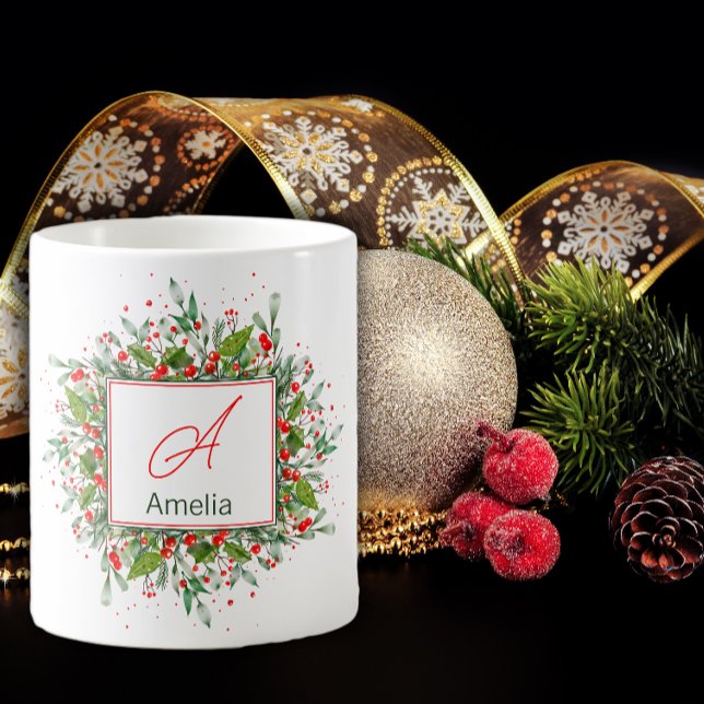 Monogram Red jul Greenery Kaffemugg (Skapare uppladdad)