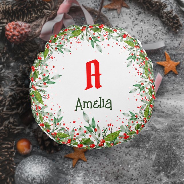 Monogram Red jul Greenery namn Rund Kudde (Skapare uppladdad)